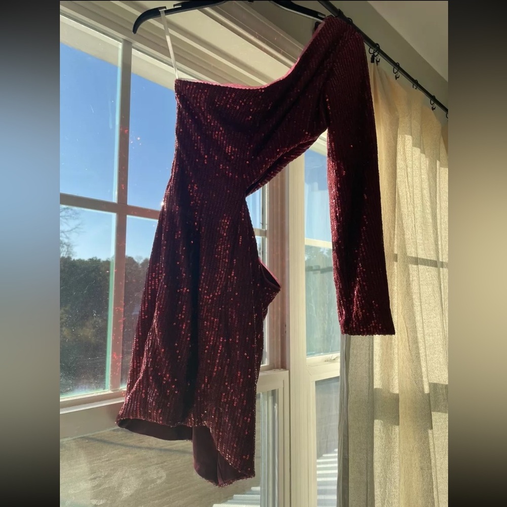 Shiny Burgundy Dress- One shoulder- Size 2